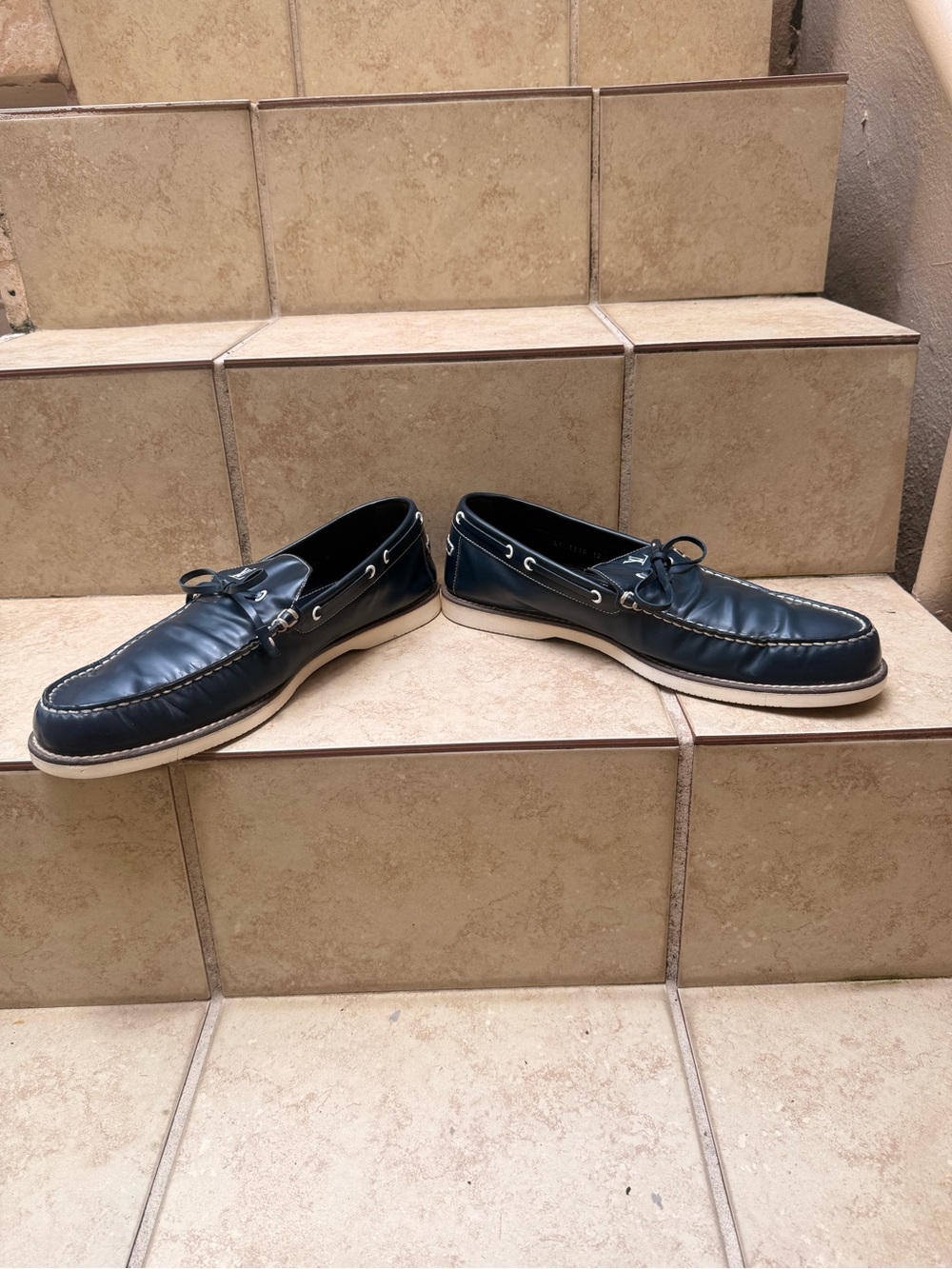 Louis Vuitton Men's Navy Blue Leather Moccasin Loafers with LV Hardware - Picture 7 of 10
